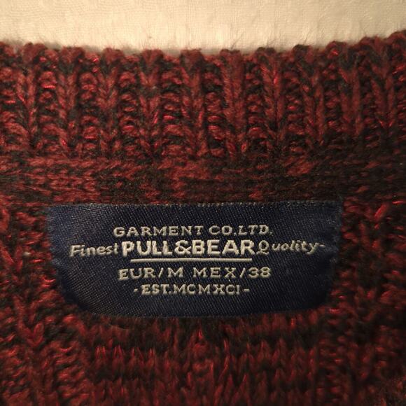 Pull&Bear M Sweater Red Black Textured Knit Crew Neck Long Sleeve Pullover Men - Picture 3 of 5